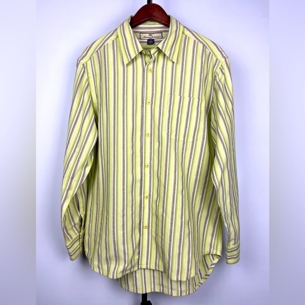 Vintage Tommy Bahama Green Yellow Long Sleeve Tencel‎ Striped Button Up Shirt